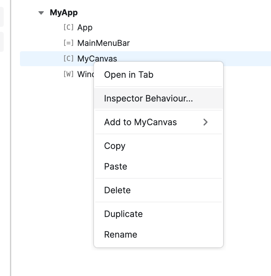 Inspector behaviour contextual menu