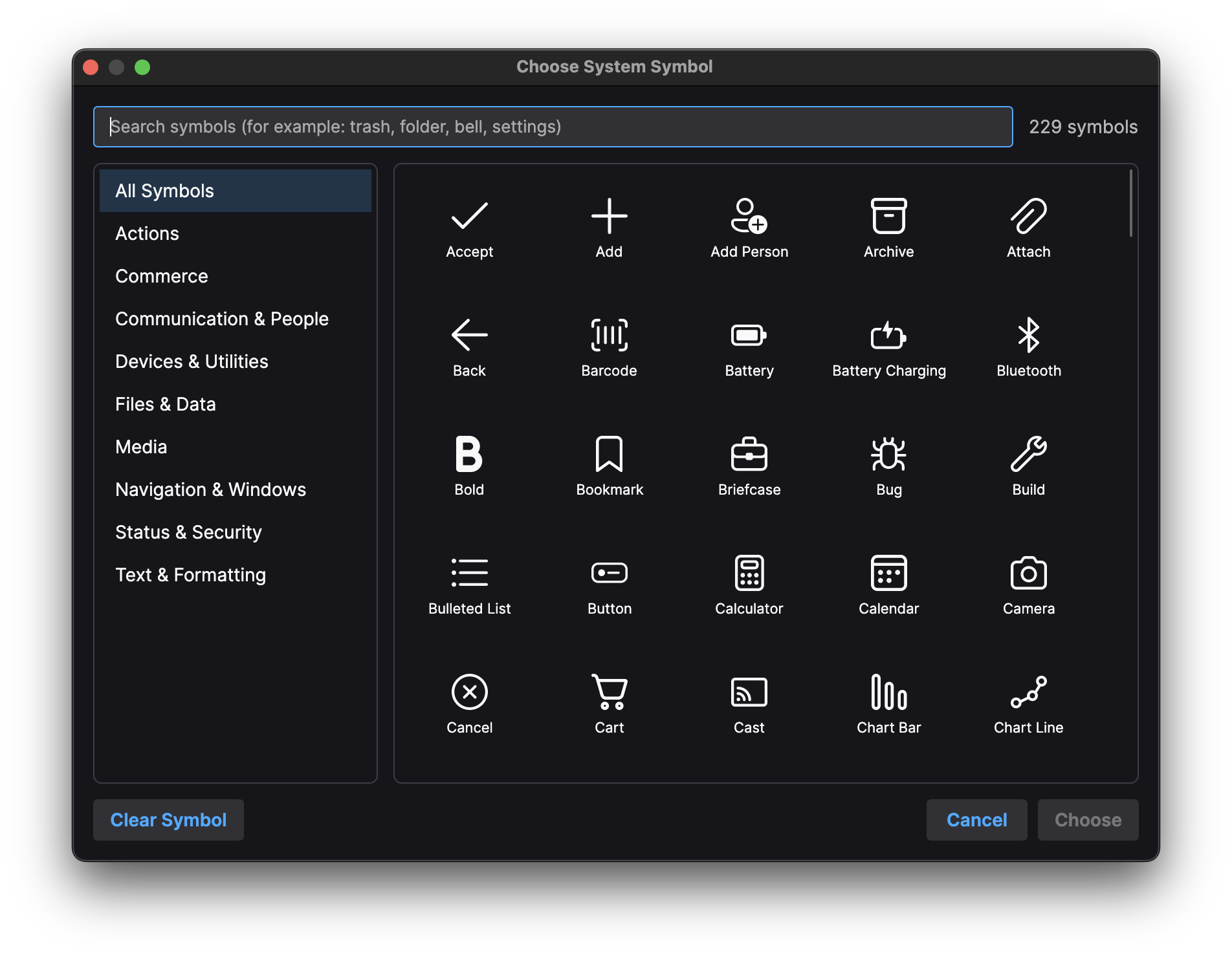 Symbol catalogue