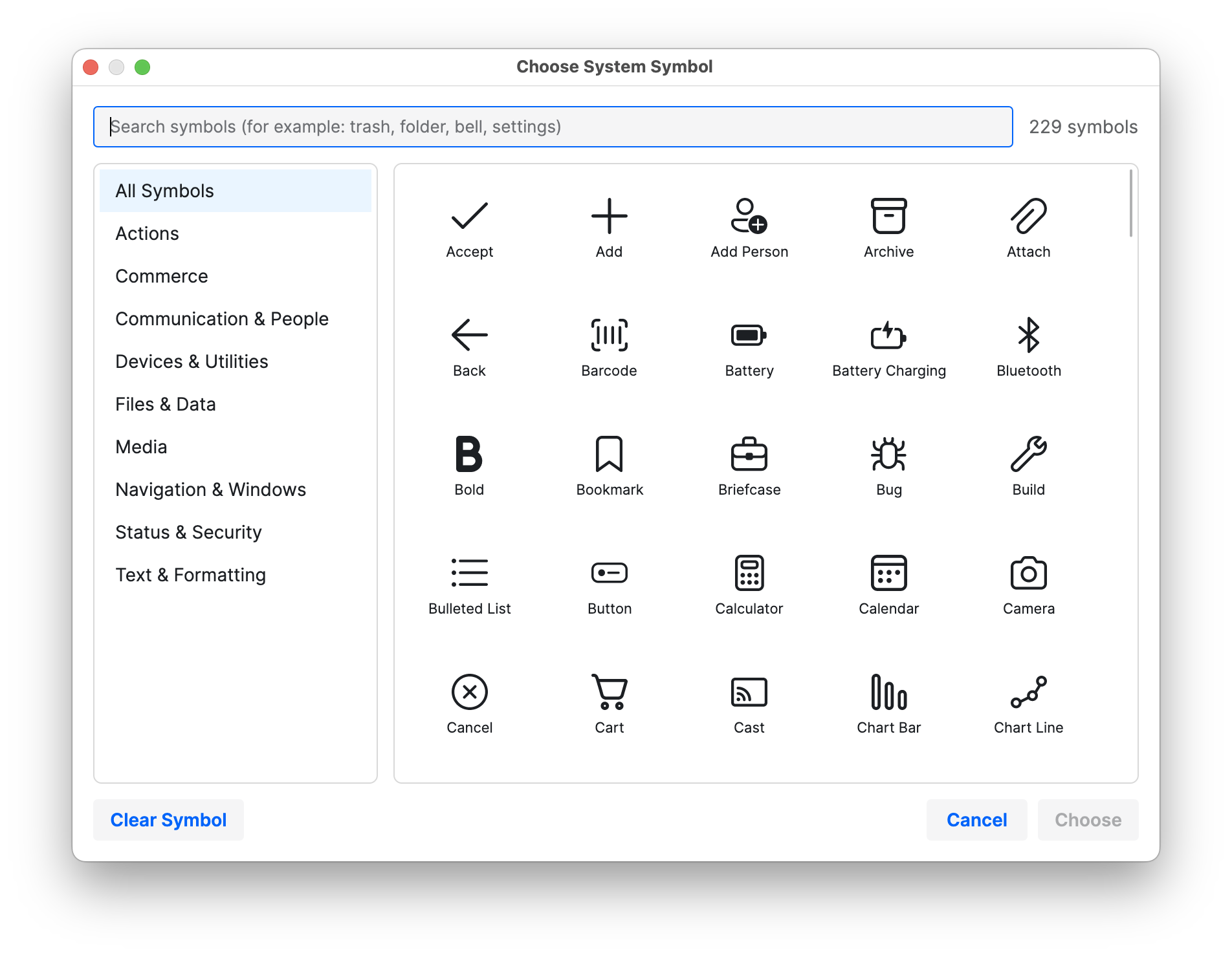 Symbol catalogue